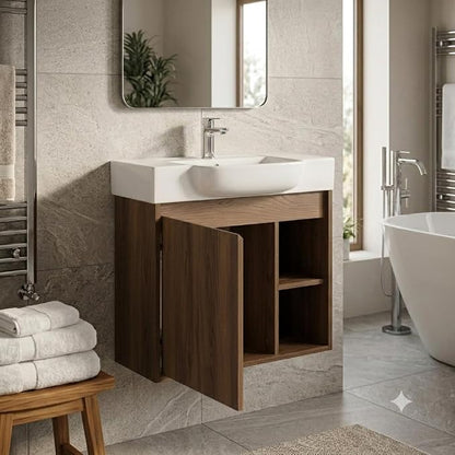 28" Bathroom Vanity with Sink, Wall-Mounted Cabinet, Brown Ebony | Ceramic Sink, Soft-Close Door & 2 Open Storage Shelves, Modern Farmhouse Sink Cabinet, Easy to Clean for Small Bathroom