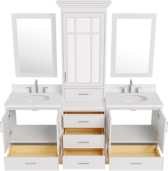 ARIEL Stafford 84-inch Bathroom Vanity with Sink,Solid Wood, 1.5-inch Carrara White Quartz Countertop & Backsplash, Double Oval Porcelain Sink, 5 Soft Closing Doors, 6 Dovetail Drawers, Espresso
