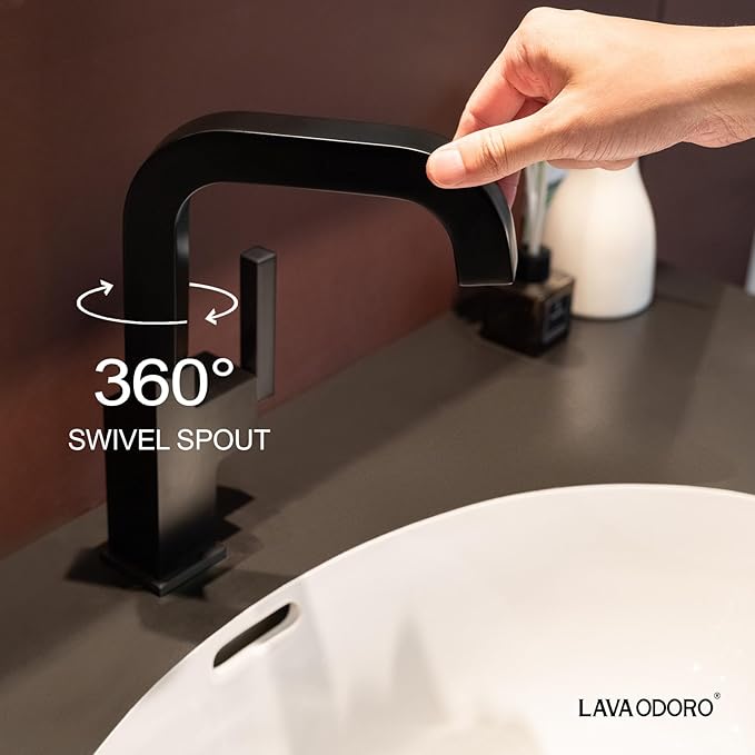 Black Bathroom Faucet Single Hole, Lava Odoro Bathroom Black Sink Faucet Single Handle Matte Black Vanity Faucet with Drain Assembly, Solid Brass Vessel Sink Faucet Deck Plate Included, BF204-MB