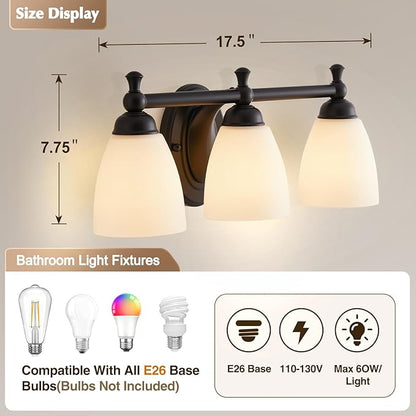 Vanity Lights for Bathroom, 3-Light Modern Vanity Light Over Mirror Black Bathroom Light Fixture Bedroom Wall Sconces Lighting for Living Room Cabinet