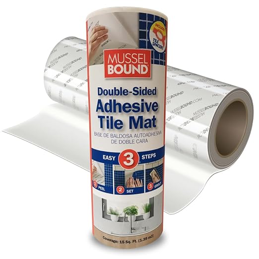 MusselBound® Adhesive Tile Mat with Spacers - a Strong Double-Sided Adhesive that Replaces Messy Mortar. Clean, Easy, No-Stress Way to Install Real Wall Tile. Lower Total Cost Than Peel & Stick Tiles