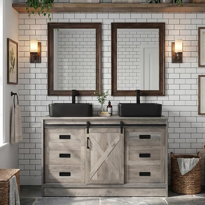 48" Barn Door Bathroom Vanity with 6 Drawers, Farmhouse Style Standing Pedestal Cabinet Without Sink