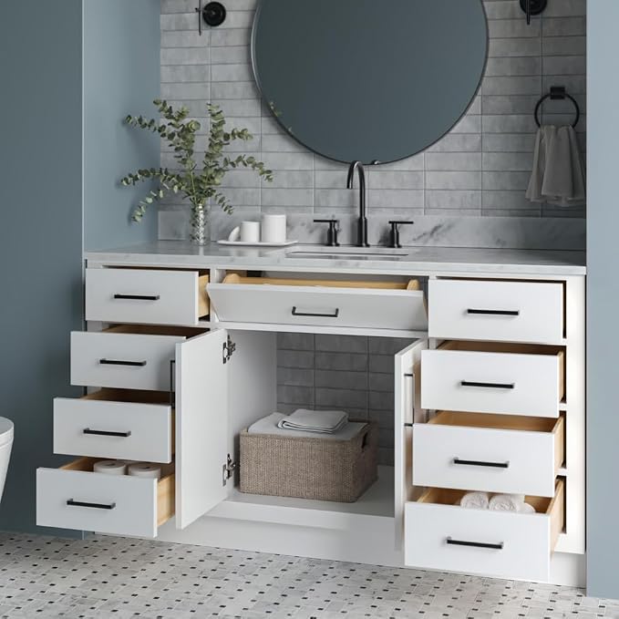 ARIEL Hepburn 60-inch Bathroom Vanity with Sink,Solid Wood, 0.75-inch Italian Carrara Marble Countertop, Single Rectangular Porcelain Sink, 2 Soft Closing Doors, 9 Dovetail Drawers, White