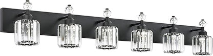 PRESDE 6-Light Crystal Bathroom Lights Fixtures Modern Matte Black Bathroom Lights Fixtures Over Mirror Bath Wall Lighting
