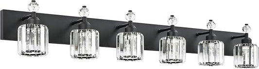 PRESDE 6-Light Crystal Bathroom Lights Fixtures Modern Matte Black Bathroom Lights Fixtures Over Mirror Bath Wall Lighting