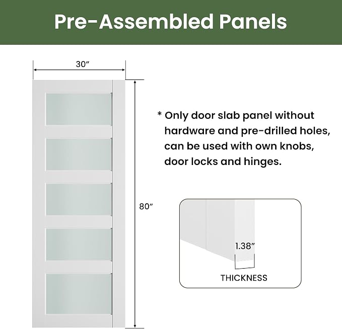 SMARTSTANDARD 30" x 80" Frosted Glass Pantry Door, Solid Core Slab Door | Pre-Assembled 5-Panel without Hardware, French Interior Door for Pantry Pocket, White Primed