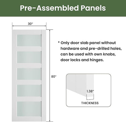 SMARTSTANDARD 30" x 80" Frosted Glass Pantry Door, Solid Core Slab Door | Pre-Assembled 5-Panel without Hardware, French Interior Door for Pantry Pocket, White Primed