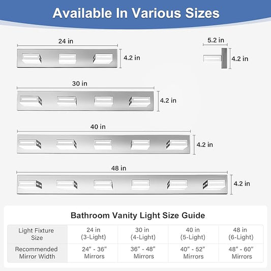 LED Modern Bathroom Light Fixtures, 6-Light 48-Inch Chrome Vanity Lights for Bathroom Lighting Fixtures Over Mirror, 350° Rotatable Acrylic, 6000K Cool White Wall Lamp