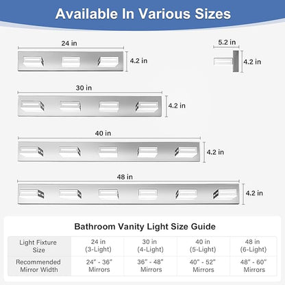 LED Modern Bathroom Light Fixtures, 5-Light 40-Inch Chrome Vanity Lights for Bathroom Lighting Fixtures Over Mirror, 350° Rotatable Acrylic, 6000K Cool White Wall Lamp