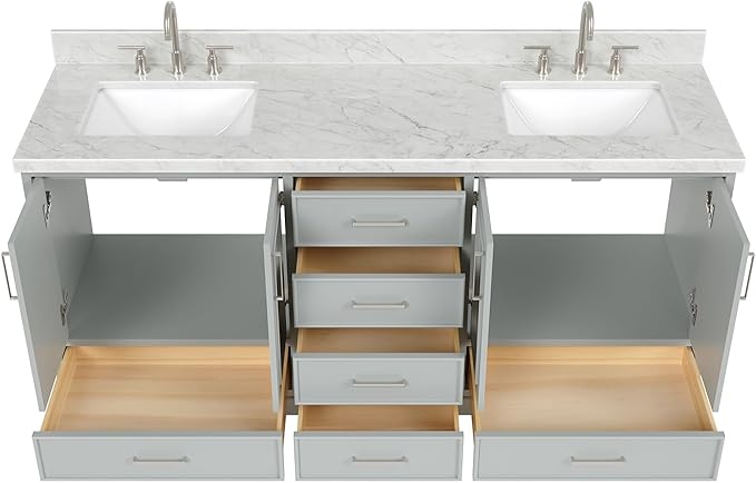 ARIEL Stafford 72-inch Bathroom Vanity with Sink,Solid Wood, 1.5-inch Italian Carrara Marble Countertop, Double Rectangular Porcelain Sink, 4 Soft Closing Doors, 6 Dovetail Drawers, Grey