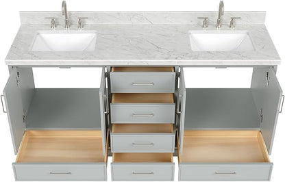 ARIEL Stafford 72-inch Bathroom Vanity with Sink,Solid Wood, 1.5-inch Italian Carrara Marble Countertop, Double Rectangular Porcelain Sink, 4 Soft Closing Doors, 6 Dovetail Drawers, Grey