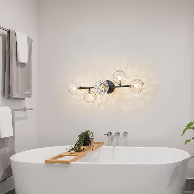 5 Lights Bathroom Vanity Light,Matte Black Globe Bathroom Light Fixtures | Hammered Clear Glass Wall Sconce Lighting,Mid Century Modern Brass Bubble Glass Bathroom Vanity Lights over Mirror,G9 Base