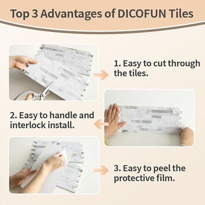 DICOFUN 2 Sheets White Marble Peel and Stick Backsplash Tile, Faux Stone PVC Mixed Metal Stick on Backsplash Kitchen Wall Tiles
