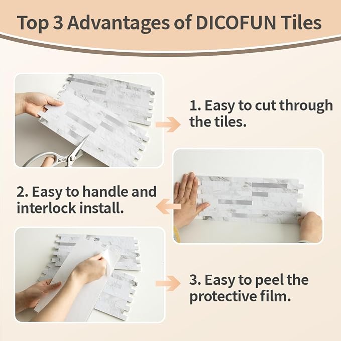 DICOFUN 20 Sheets White Marble Peel and Stick Backsplash Tile, Faux Stone PVC Mixed Metal Stick on Backsplash Kitchen Wall Tiles