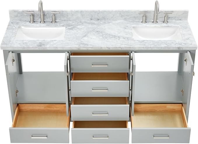 Beckford 66" Grey Double Bathroom Vanity with Sink, 1.5" Edge Italian Carrara Marble Countertop, 2 Rectangular Undermount Sinks, 4 Soft Closing Doors, 6 Dovetail Drawers, Brushed Nickel