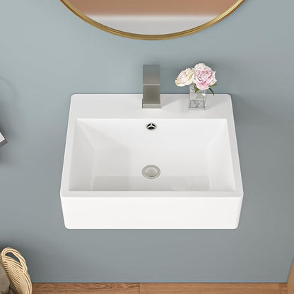 Sarlai Wall Mount Vessel Sink - 21 x 16 Inch Wall Mounted Bathroom Sink White Wall Hung Rectangle Porcelain Sink With Overflow Ceramic Basin Floating Lavatory Sinks