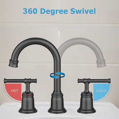 Classical Bathroom Faucets for Sink 3 Holes, 8 inch Bathroom Faucet, Widespread Matte Black Bathroom Faucet with Pop Up Drain and cUPC Lead-Free Hose (Matte Black)