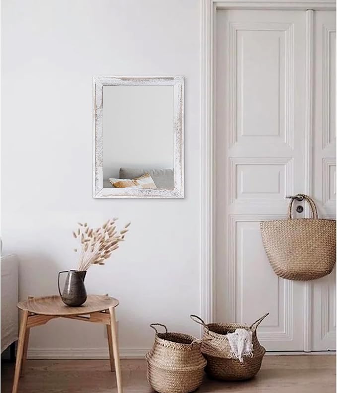 AAZZKANG Mirrors for Wall Rustic Wood Framed Hanging Mirror Decorative for Farmhouse Bedroom Bathroom Living Room Entryway Hallway Small White