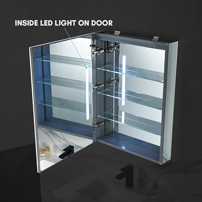 Blossom LED Lighted Mirror Medicine Cabinet, 24x32, Left Hinge, Wall Mounted Recessed or Surface Bathroom LED Medicine Cabinet with Mirror, Makeup Mirror with Lights, Defogger, Adjustable Brightness