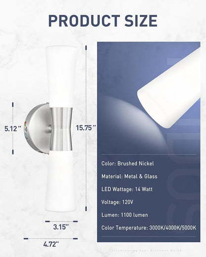 kudos 16 Inch Brushed Nickel Vanity Lights, Milk White Glass, KDVL13-BN | LED, 14W, 1100 Lumens, 3000K, 4000K and 5000K Selectable, Hardwired,for Bathrooms and Bedrooms