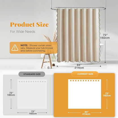BTTN 84x72 Boho Scalloped Linen Textured Cloth Shower Curtain, Beige/Cream | Wide Size, 230GSM Waterproof Polyester, Heavy Duty Fabric, 14 Plastic Hooks, Elegant Modern Farmhouse Style, Machine Washable