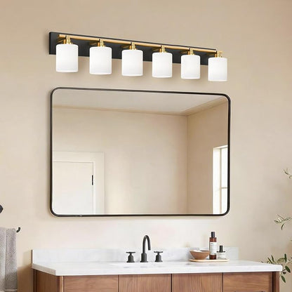 Black and Gold Bathroom Light Fixture, Modern 6 Light Vanity Lights for Bathroom Lighting Fixtures Over Mirror, White Glass Lampshade, Master & Guest bathrooms Bathroom Remodel, 43-inch