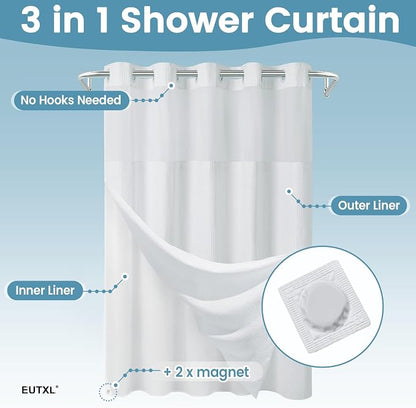 EUTXL Heavyweight No Hook Waffle Shower Curtain with Liner, 71x74, White | Snap in Liner, 256GSM Thick Fabric, Hotel Luxury Spa, 3 in 1 Set for Bathroom, Corner Magnets, Waterproof & Washable