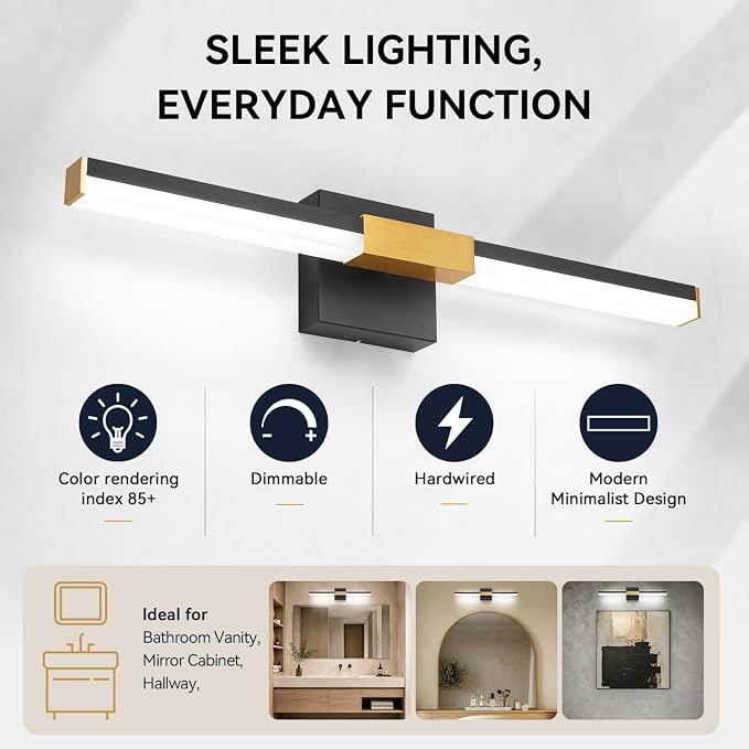 SOLFART Vanity Lights for Bathroom Dimmable: Black and Gold 24-Inch Built-in Step Dimming Bathroom Light Fixtures Over Mirror ETL IP44