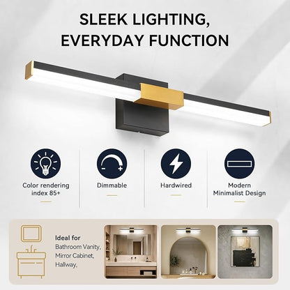 SOLFART Vanity Lights for Bathroom Dimmable: Black and Gold 24-Inch Built-in Step Dimming Bathroom Light Fixtures Over Mirror ETL IP44