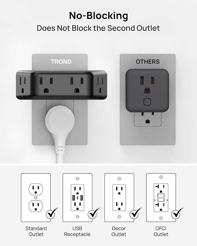 TROND Black 360 Rotating Plug Outlet Extender, Space-Saving Outlet Splitter | Plug Adapter with 4 Grounded Socket, 3 Way Angled Design, 900J Surge Protection, for Bathroom Kitchen Office Bedroom