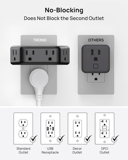 TROND Black 360 Rotating Plug Outlet Extender, Space-Saving Outlet Splitter | Plug Adapter with 4 Grounded Socket, 3 Way Angled Design, 900J Surge Protection, for Bathroom Kitchen Office Bedroom