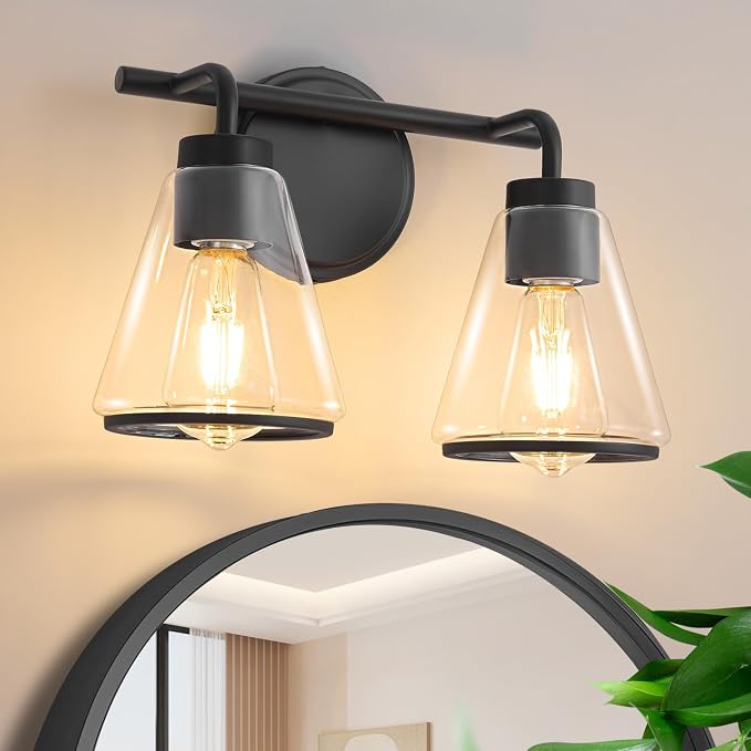 Black Bathroom Vanity Light 2 Lights Bathroom Light Fixtures Over Mirror | Vanity Lighting Fixtures with Clear Glass Shade, 14 inch Modern Vanity Lights for Bathroom, Wall Sconce Lights for Bedroom