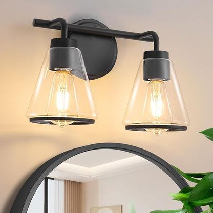 Black Bathroom Vanity Light 2 Lights Bathroom Light Fixtures Over Mirror | Vanity Lighting Fixtures with Clear Glass Shade, 14 inch Modern Vanity Lights for Bathroom, Wall Sconce Lights for Bedroom