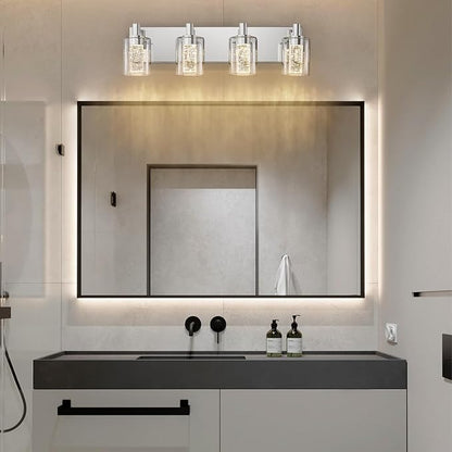 SineRise Vanity Light with 3 Color Modes (3000K/4000K/6000K), Eye Protection LED Bathroom Light Fixture, Dimmable Modern Wall Light Over Mirror with Clear Glass Shade (Chrome, 4-Light)