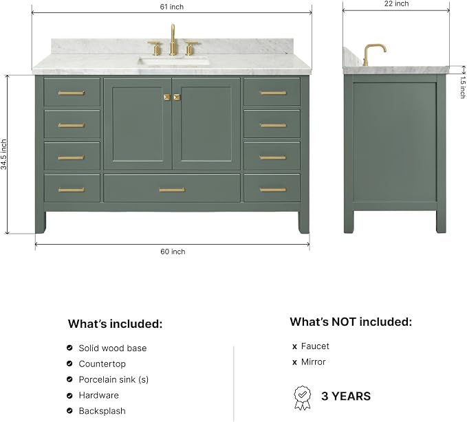 ARIEL Cambridge 60-inch Bathroom Vanity with Sink,Solid Wood, 1.5-inch Italian Carrara Marble Countertop, Single Rectangular Porcelain Sink, 2 Soft Closing Doors, 9 Dovetail Drawers, Vintage Green