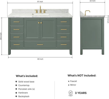 ARIEL Cambridge 60-inch Bathroom Vanity with Sink,Solid Wood, 1.5-inch Italian Carrara Marble Countertop, Single Rectangular Porcelain Sink, 2 Soft Closing Doors, 9 Dovetail Drawers, Vintage Green