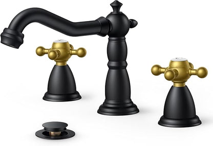 FORIOUS Matte Black and Gold Brass Antique Vintage Bathroom Faucet with Metal Pop Up Drain and 24" Water Hose for 3 Hole 8 Inch Widespread Bathroom Sink Farmhouse Vanity