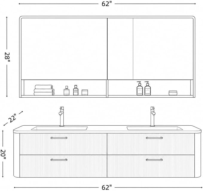 62 in Double Bathroom Vanity with Sinks - Modern Floating Bathroom Vanity with Solid Wood Cabinet, Anti-Fog Mirror and Integrated Stone Sinks | Wall Mounted Design | Ample Storage