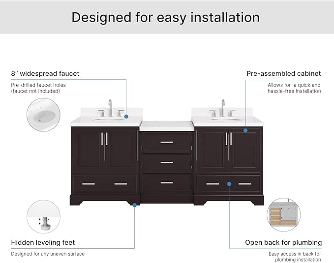 ARIEL Stafford 84-inch Bathroom Vanity with Sink,Solid Wood, 1.5in Carrara White Quartz Countertop & Backsplash, Double Oval Porcelain Sink, 4 Soft Closing Doors, 5 Dovetail Drawers, Espresso