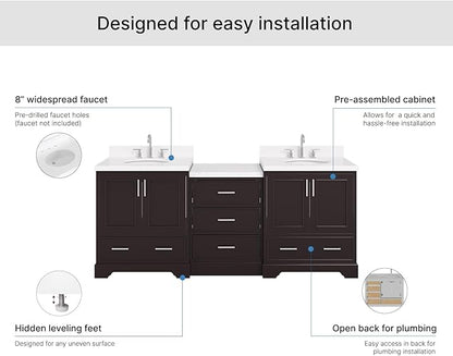 ARIEL Stafford 84-inch Bathroom Vanity with Sink,Solid Wood, 1.5in Carrara White Quartz Countertop & Backsplash, Double Oval Porcelain Sink, 4 Soft Closing Doors, 5 Dovetail Drawers, Espresso