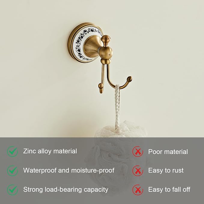Double Wall-Mounted Coat Hooks for Hanging Towels, Clothes & Robes | Metal Double Hooks, Zinc Alloy Antique Brass Horn-Shaped Curved Towel Hooks YIGUANXIN