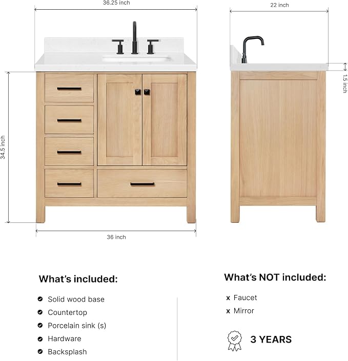 ARIEL Cambridge 36-inch Bathroom Vanity with Sink,Solid Wood, 1.5-inch Carrara White Quartz Countertop, Single Rectangular Porcelain Sink, 2 Soft Closing Doors, 5 Dovetail Drawers, White Oak