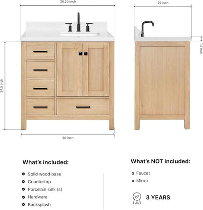 ARIEL Cambridge 36-inch Bathroom Vanity with Sink,Solid Wood, 1.5-inch Carrara White Quartz Countertop, Single Rectangular Porcelain Sink, 2 Soft Closing Doors, 5 Dovetail Drawers, White Oak
