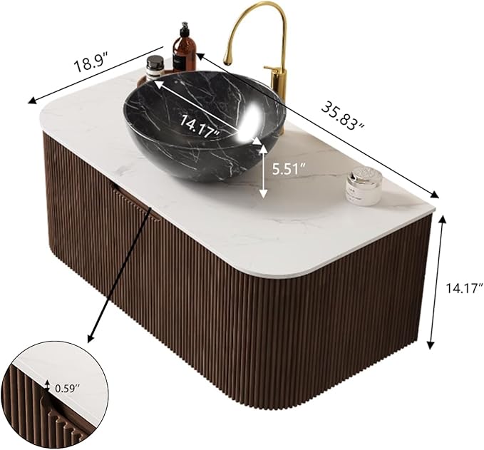 Yayzy 36" Floating Bathroom Vanity with Sink, Solid Wood Fluted Cabinet, White Marble-Patterned Ceramic Basin & Faux Marble Top, Soft-Close Drawer, Pre-Assembled, Walnut Woodgrain