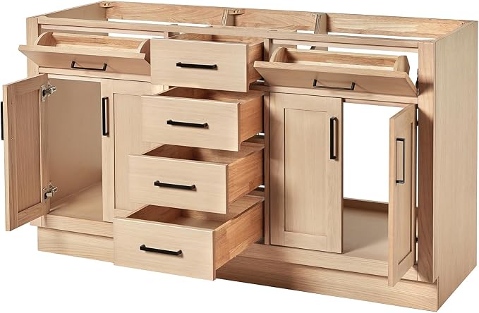 ARIEL Hepburn 60-inch Bathroom Vanity Base Cabinet,Solid Wood, 4 Soft Closing Doors, 6 Dovetail Drawers, White Oak