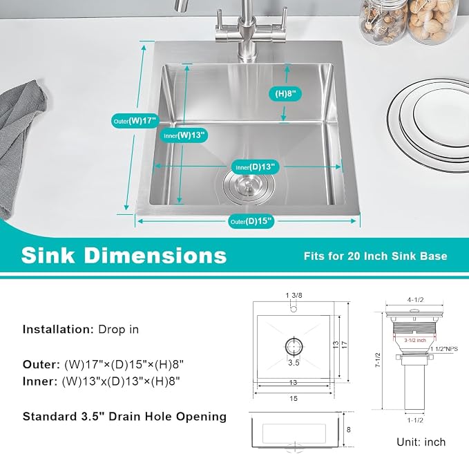 15 x 17 Inch Drop in Sink, Single Bowl Stainless Steel Handmade | 8" Deep Topmount Bar Sink with 1 Faucet Hole, Brushed Finish, Perfect for RV,Caravan and Small Home Kitchen