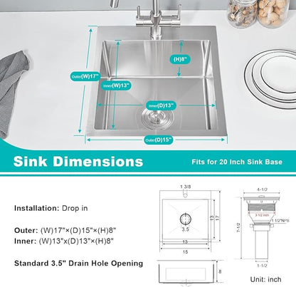 15 x 17 Inch Drop in Sink, Single Bowl Stainless Steel Handmade | 8" Deep Topmount Bar Sink with 1 Faucet Hole, Brushed Finish, Perfect for RV,Caravan and Small Home Kitchen