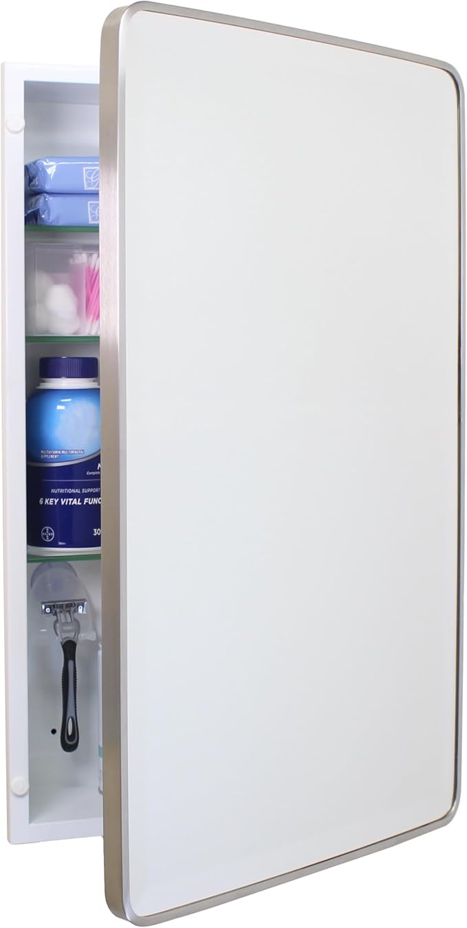 16x26 Austin Farmhouse Metal Framed Rounded Rectangle Recessed Bathroom Medicine Cabinet, Beveled Mirror, 14x24 in-Wall Opening, powder-coated Steel, Glass Shelves, Magnet Close, Brushed Nickel