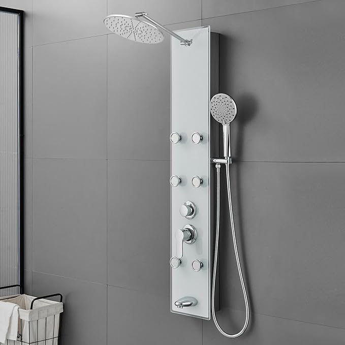 ROVOGO Tempered Glass Shower Panel System with Rainfall Shower, 6 Body Jets, Handheld Wand and Tub Spout, Shower Tower with Height Adjustable Shower Arm, White