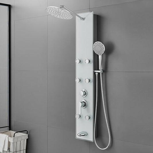 ROVOGO Tempered Glass Shower Panel System with Rainfall Shower, 6 Body Jets, Handheld Wand and Tub Spout, Shower Tower with Height Adjustable Shower Arm, White